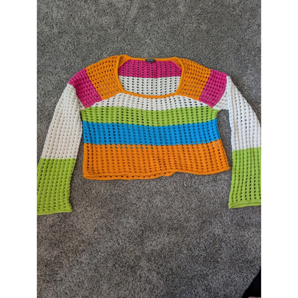 Wild Fable Multicolor Colorblock Open Knit Crochet Square Neck Cropped Sweater M